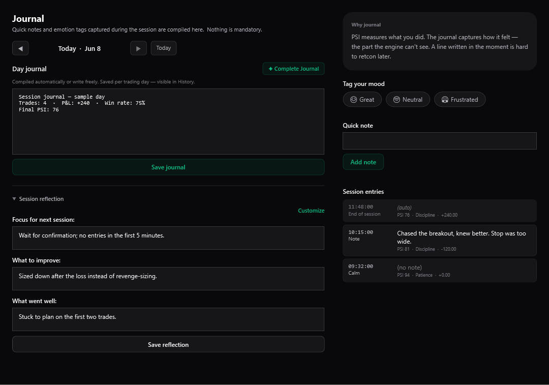Meridian Journal — in-session mood chips, timestamped quick notes, and the auto-compiled session report