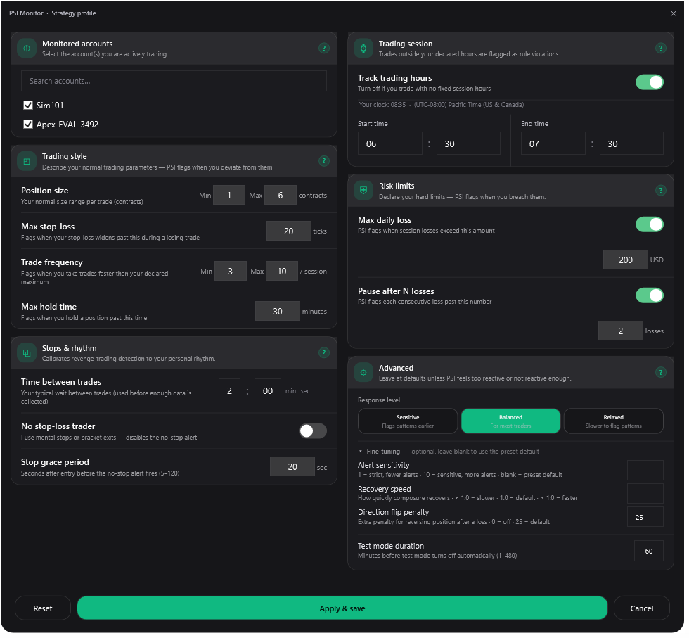 Meridian Settings — monitored accounts, trading style, session hours, risk limits, stops and rhythm, and the Sensitive / Balanced / Relaxed response level