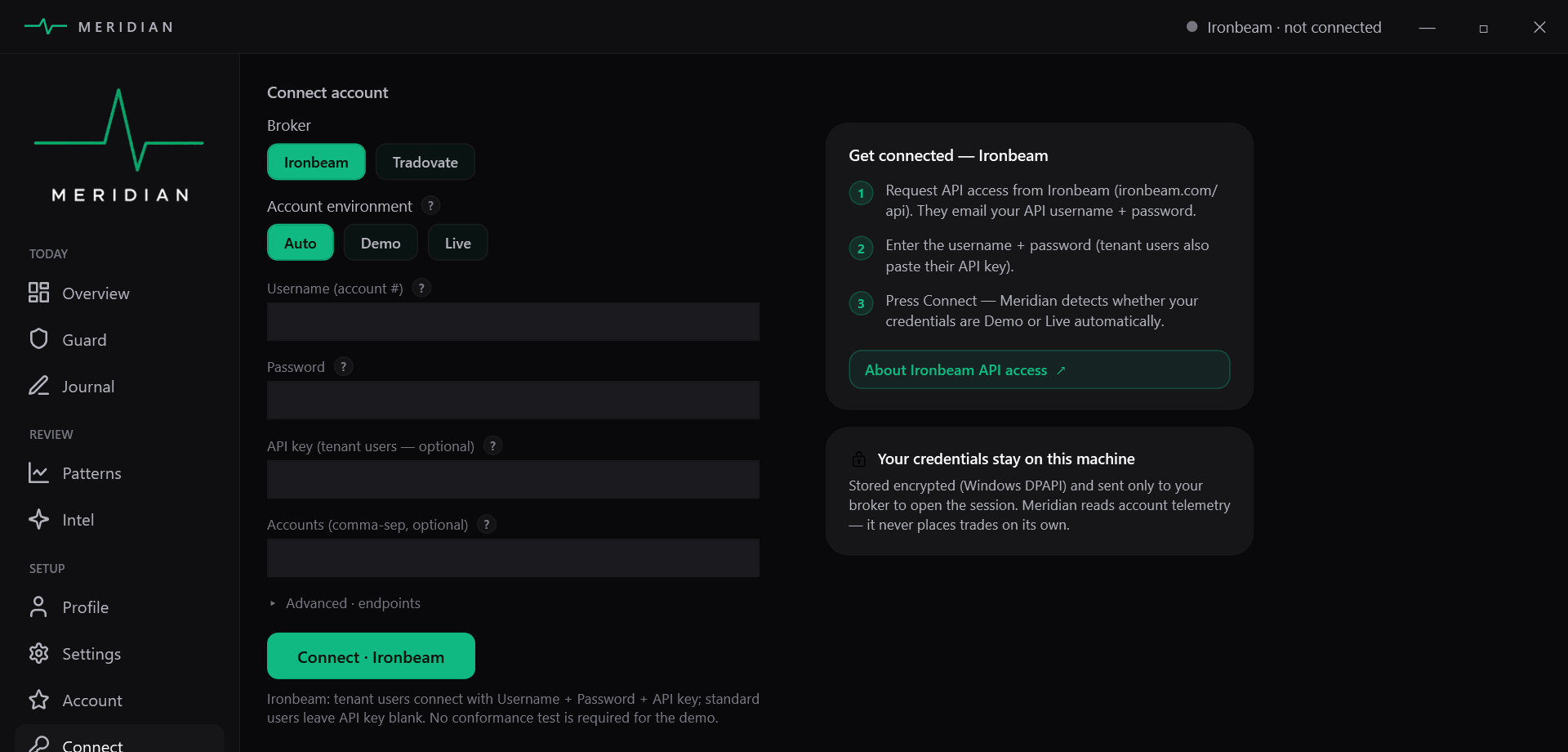 The standalone app's guided Connect screen — broker choice, automatic Demo/Live detection, step-by-step credential help, and credentials encrypted on your machine